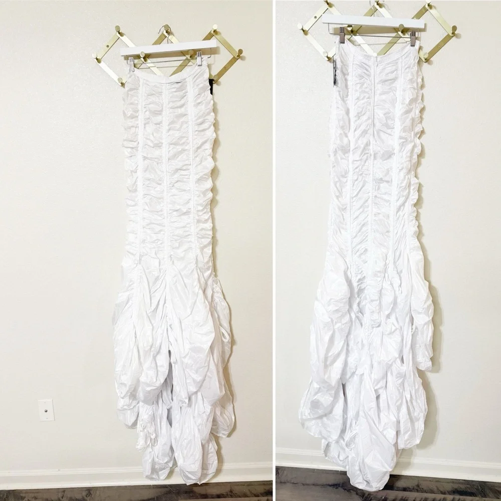 NWT Norma Kamali Parachute Gathered White Fishtail Maxi Train Skirt size large